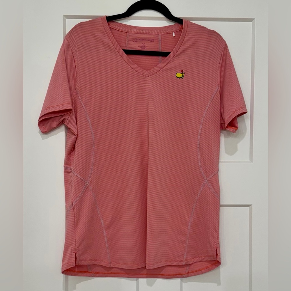 Master’s Magnolia Lane Tech Pink Striped V-Neck Performance Top Large